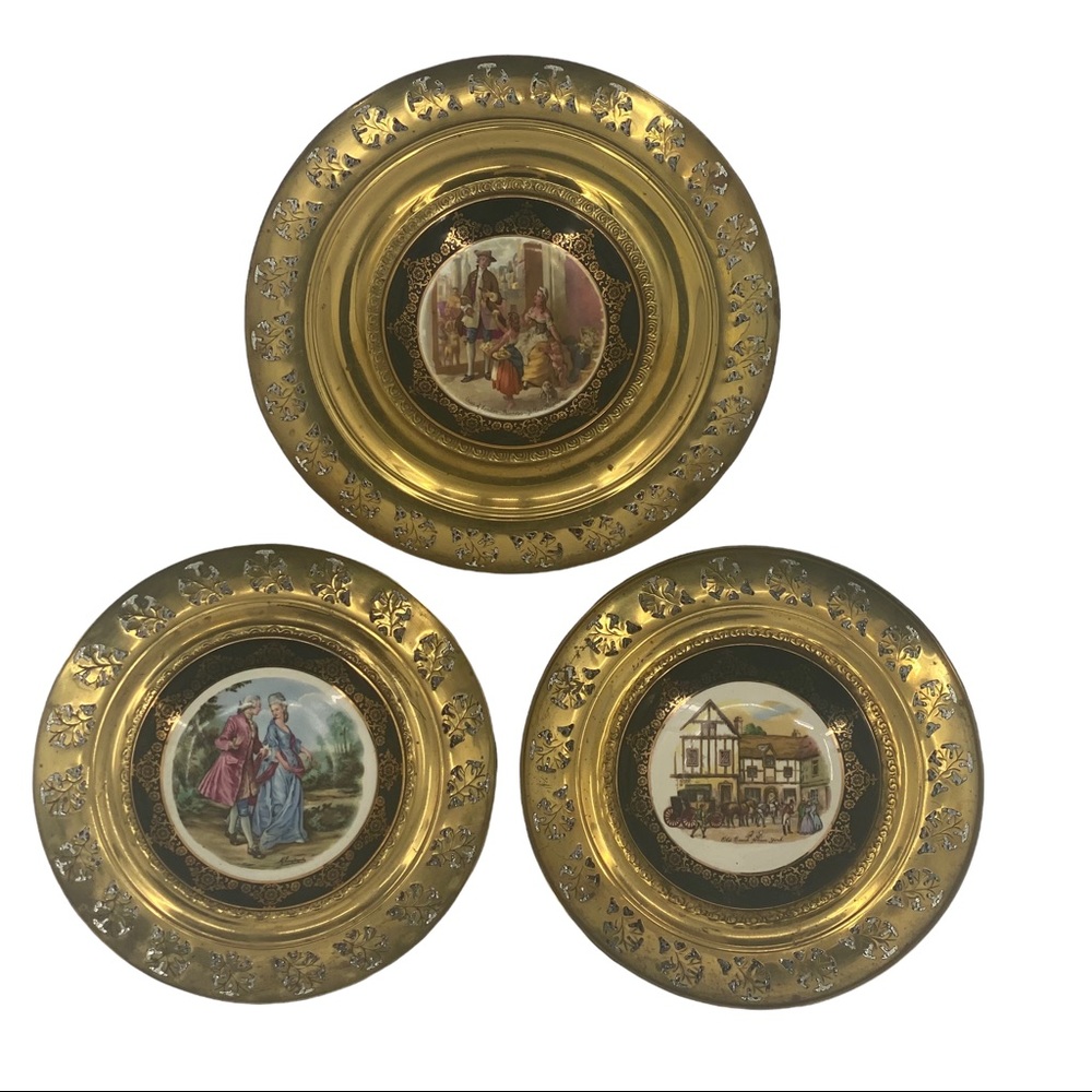 Vintage Regency Bone China Brass Wall Plates Artist Signature Set of 3